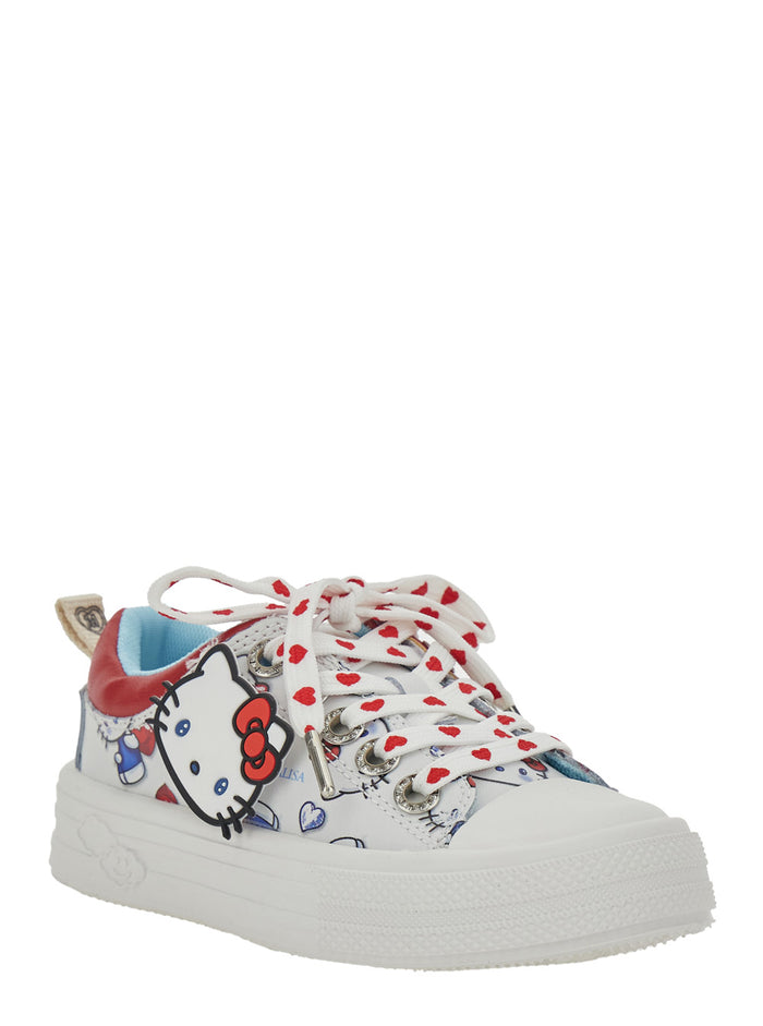 Low Top Hello Kitty Sneakers With Patch And All-Over Decoration White Leather For Girls