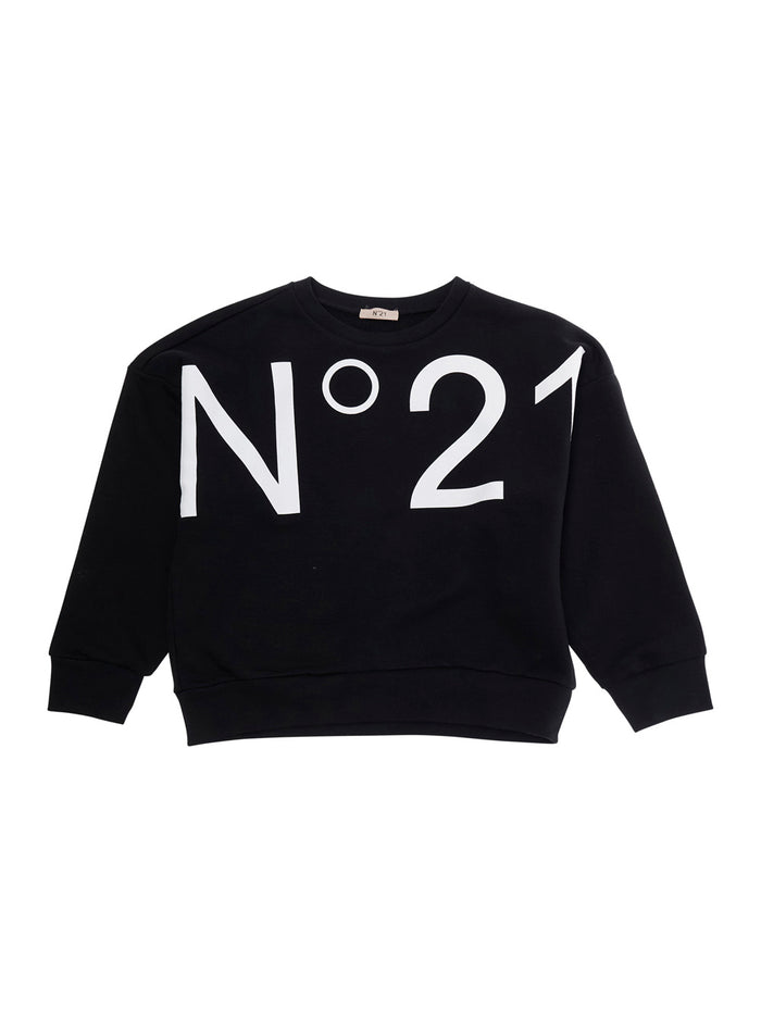 Black Cotton Crewneck Sweatshirt with Maxi Logo for Girls Sweatshirts