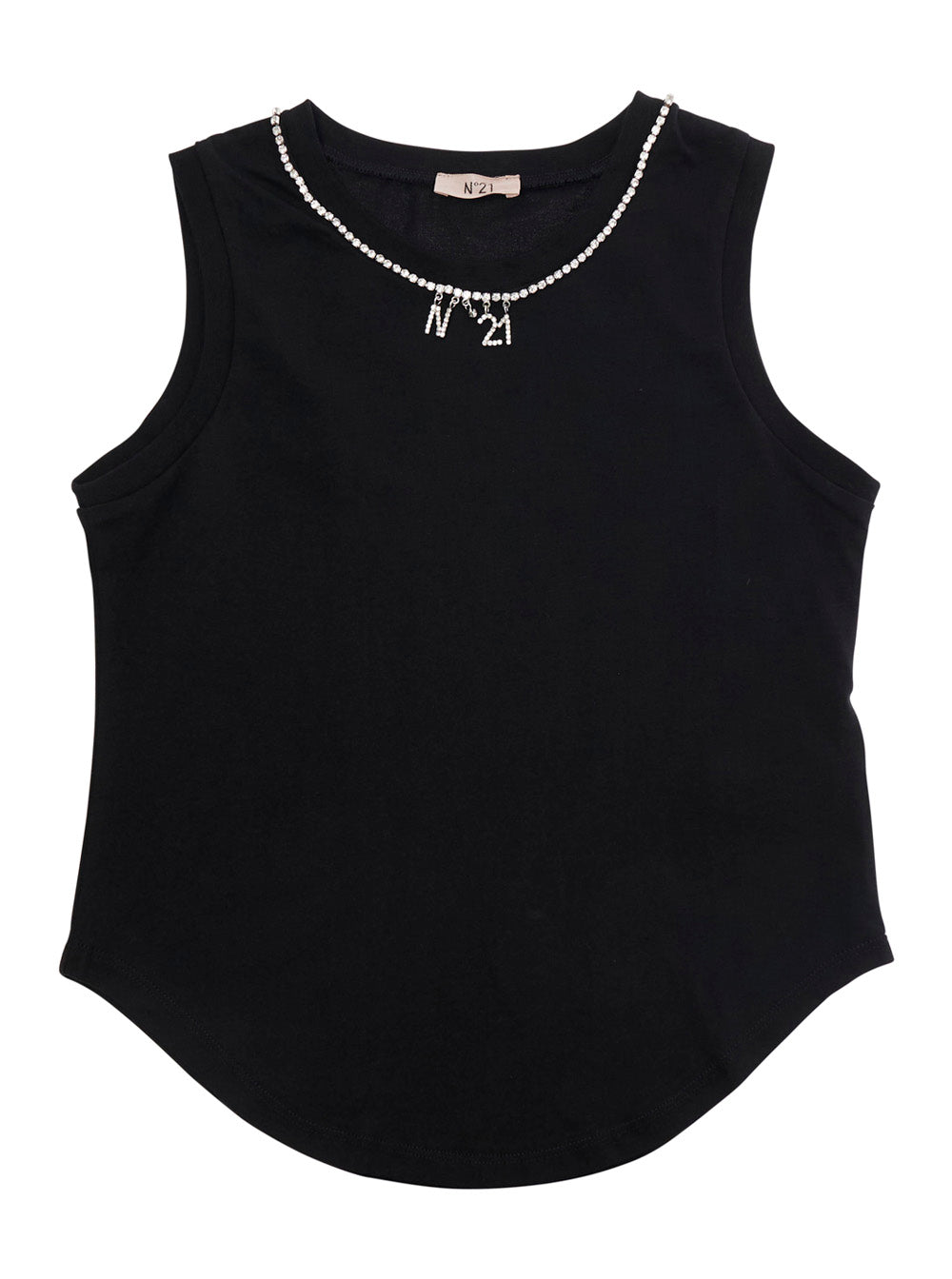 Sleeveless Top with Logo Detail on the Front and Curved Hem in Black Cotton for Girls Tops