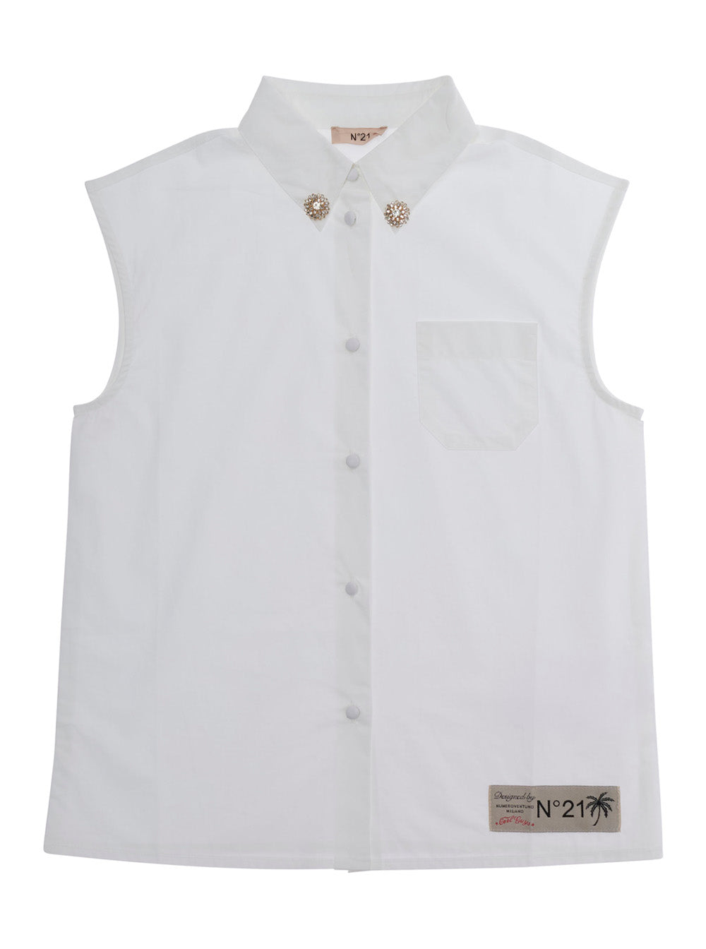 Sleeveless Vest N21 with Pointed Collar Jewel Button and Logo Patch on Front in White Cotton for Girls Blazers