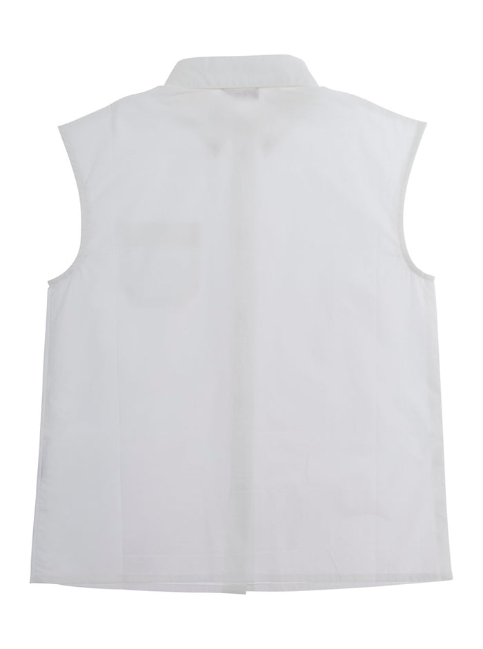 Sleeveless Vest N21 with Pointed Collar Jewel Button and Logo Patch on Front in White Cotton for Girls Blazers
