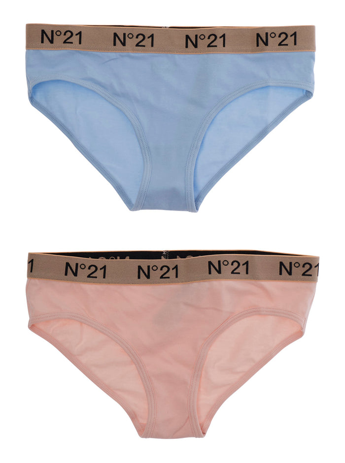 Set of Two N°21 Briefs with Logo Lettering on the Waist in Stretch Cotton Multicolor for Girls Elastane Underwear