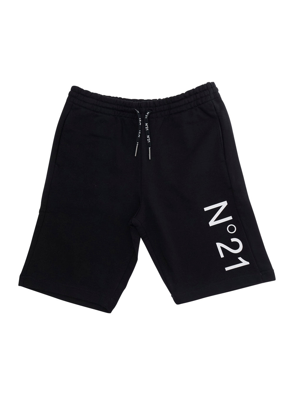 Black Cotton Bermuda Shorts with Elastic Waist and Drawstring Logo Print on the Front for Kids