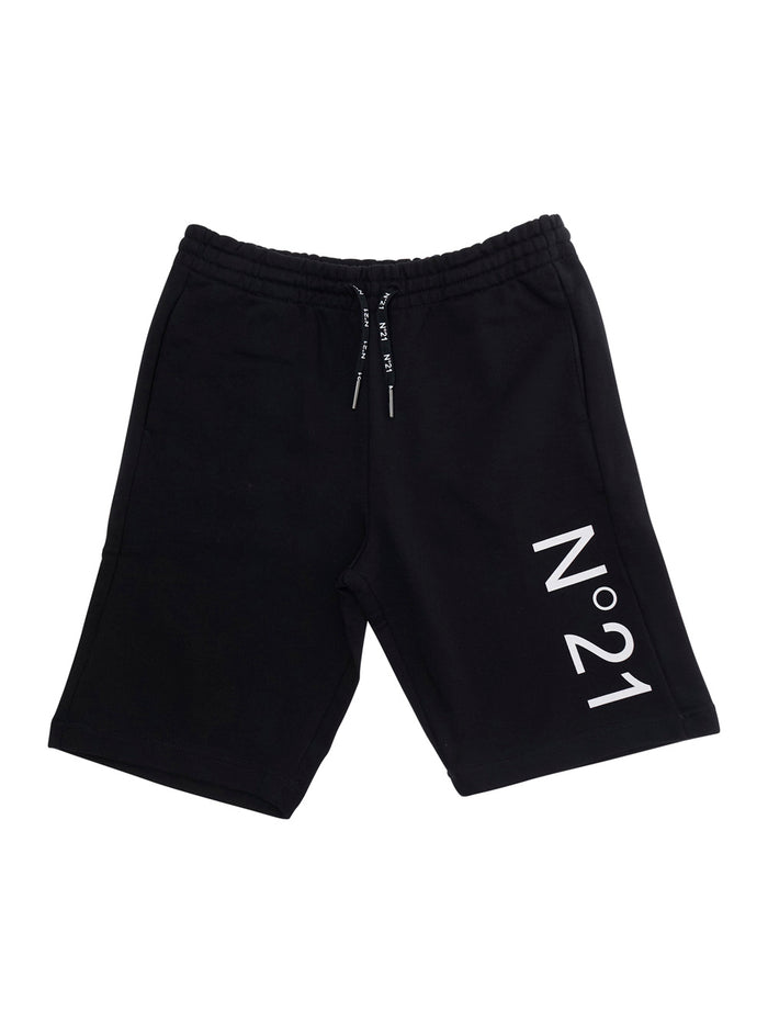Black Cotton Bermuda Shorts with Elastic Waist and Drawstring Logo Print on the Front for Kids