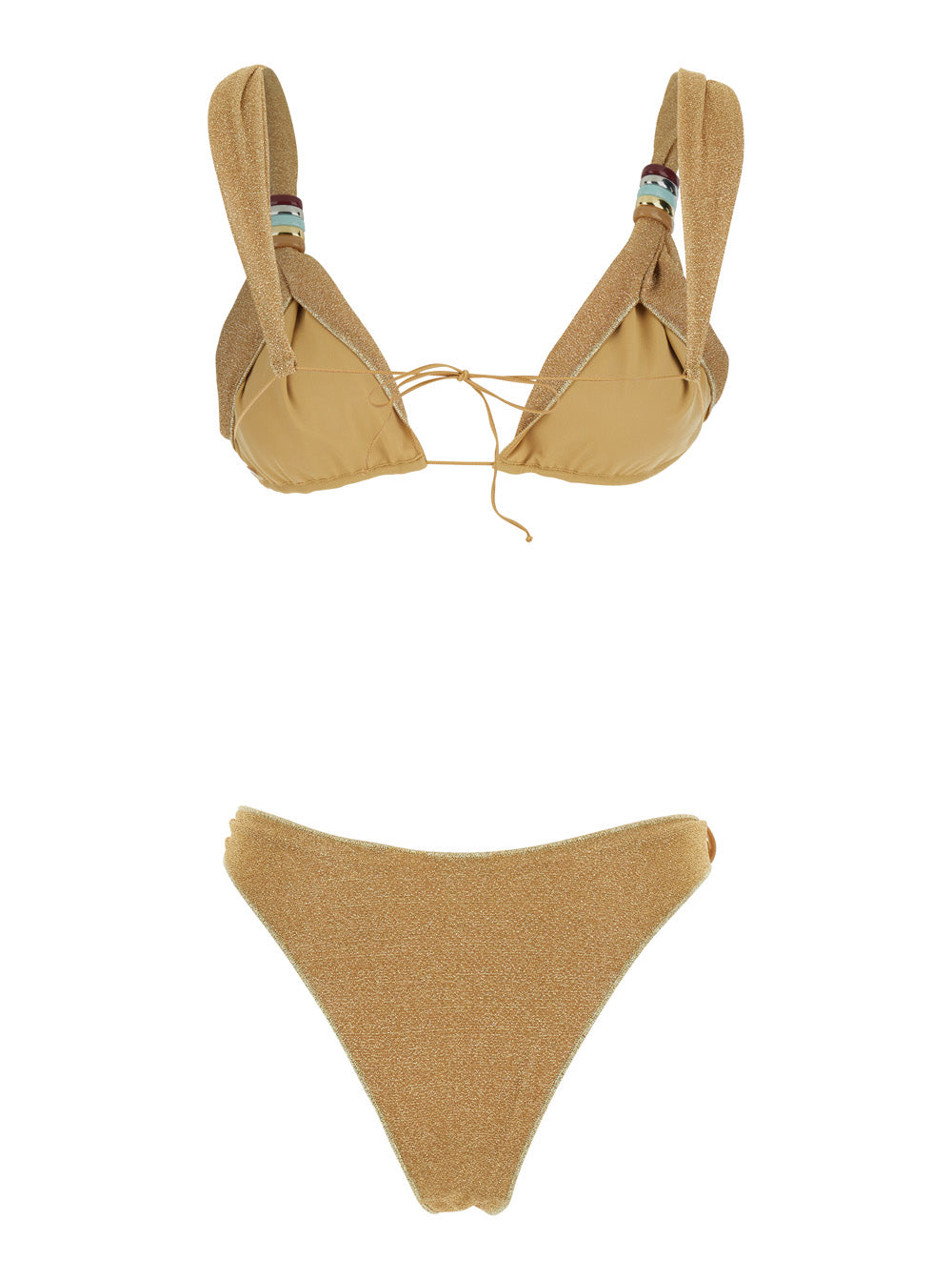 Lumiere Bikini with Metal Rings and Adjustable Closure in Gold Tech Fabric for Women Metallic Beachwear