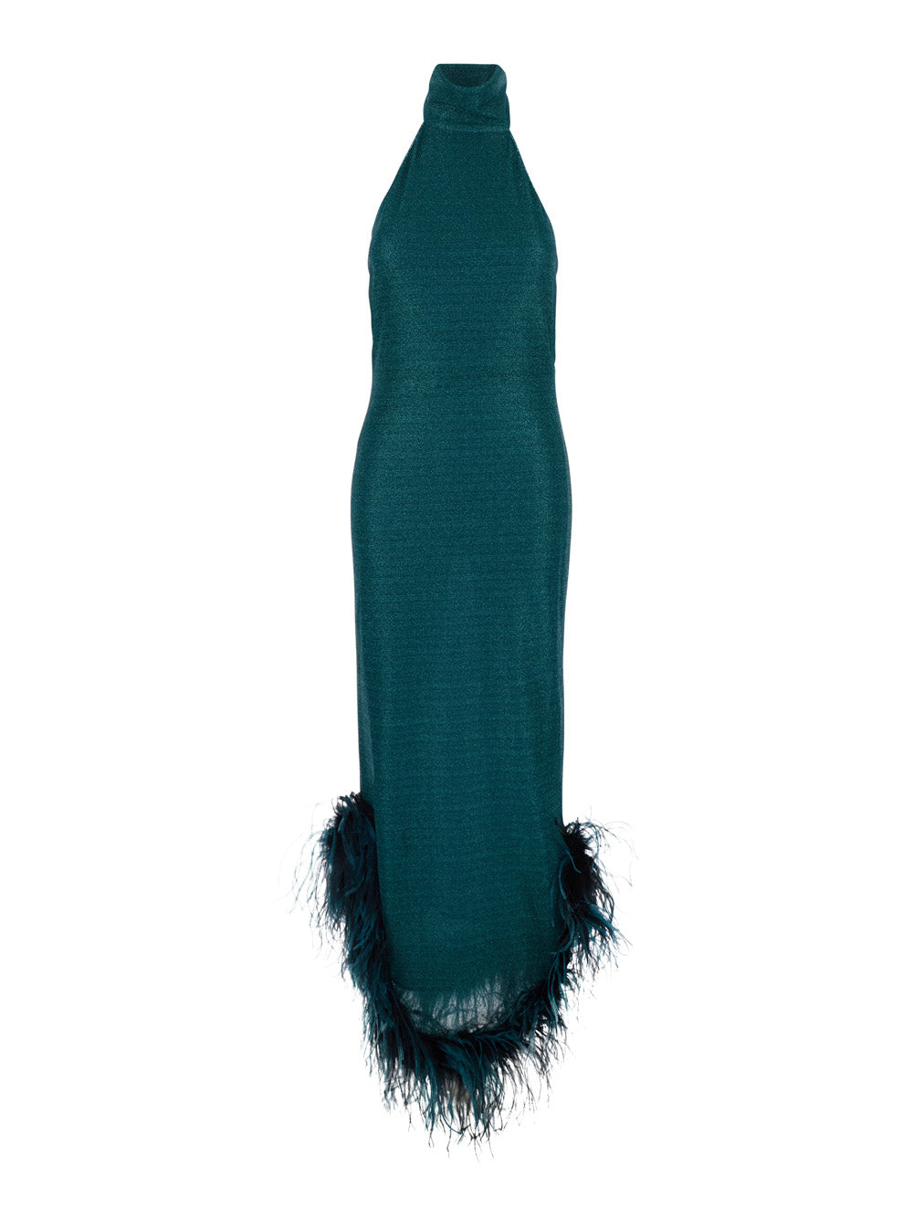 Lumière Plumage Blue Sleeveless Long Dress With American Neckline And Feather Hem Fabric For Women Blu