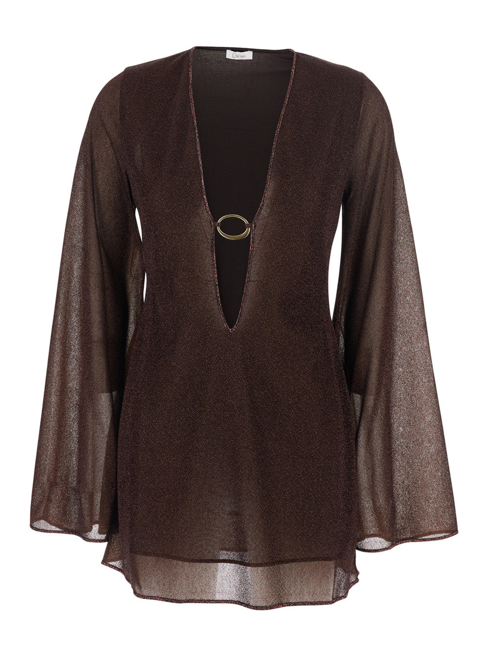 Brown Caftan with Deep V-Neck and Semi-Transparent Design Polyamide Metallic Fibre Beachwear
