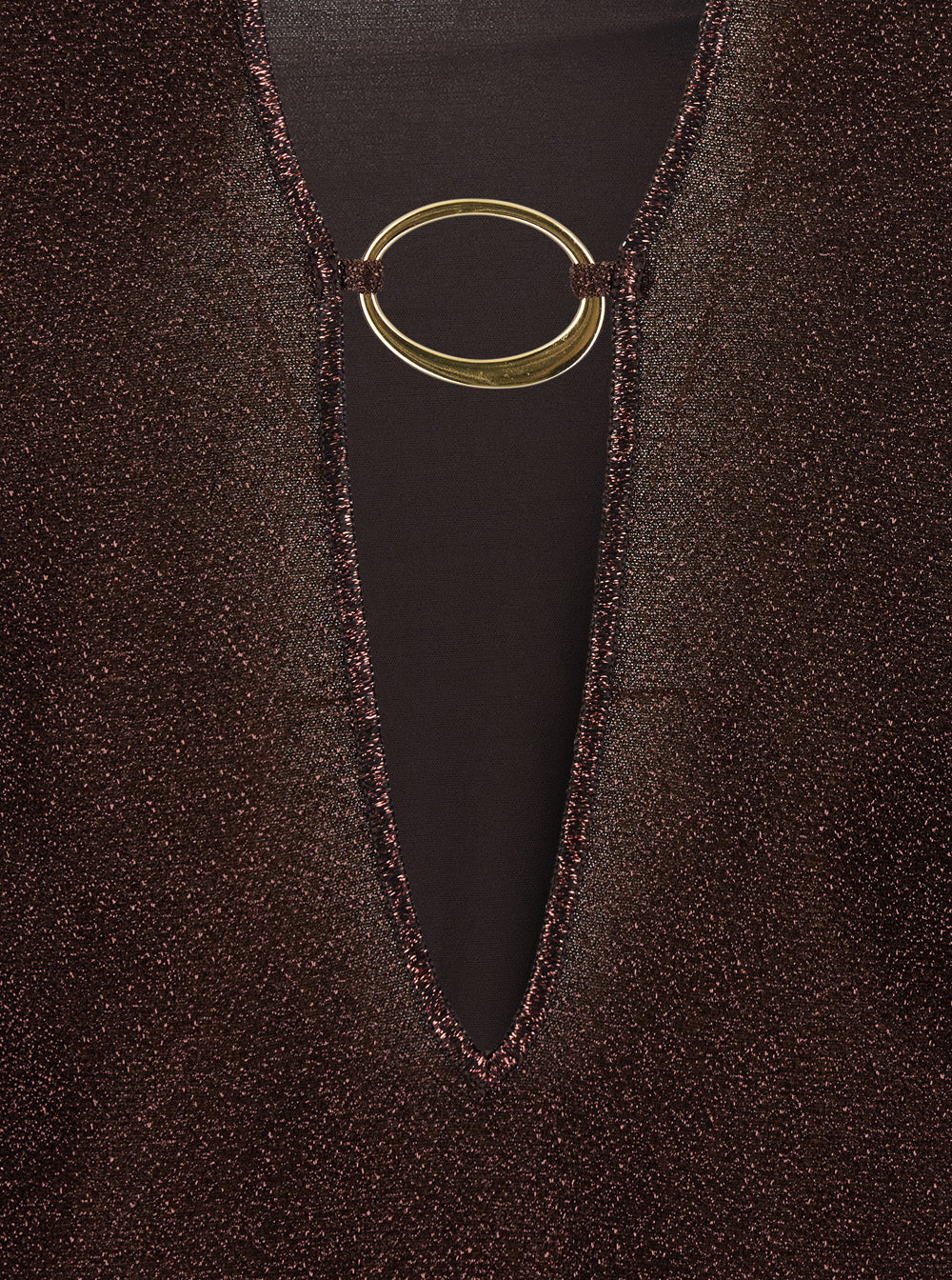 Brown Caftan with Deep V-Neck and Semi-Transparent Design Polyamide Metallic Fibre Beachwear