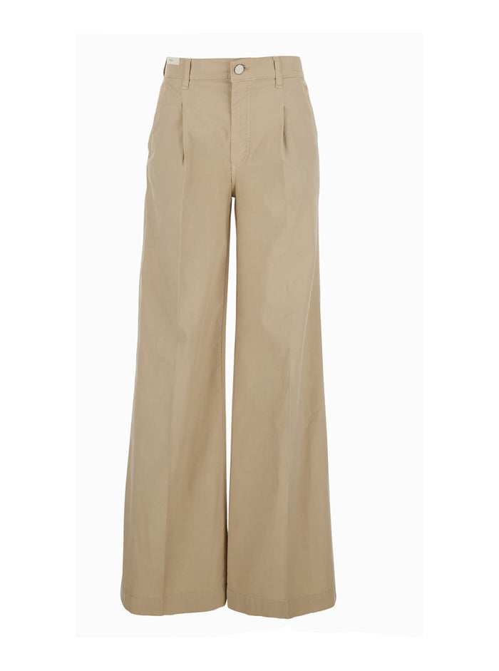 Beige Poppy Pants With Wide Leg And Front Pleats In Stretch Cotton For Women Trousers