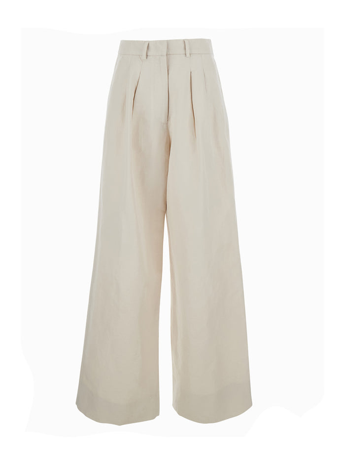 Beige Wide-Leg Pants With Front Pleats In Cotton And Linen Blend For Women Trousers