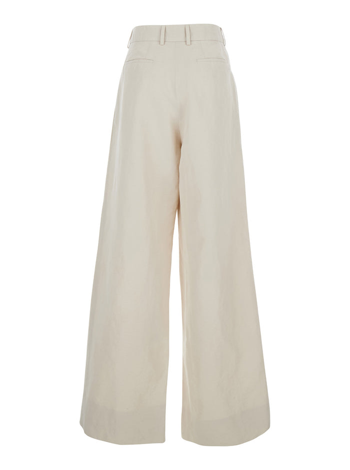 Beige Wide-Leg Pants With Front Pleats In Cotton And Linen Blend For Women Trousers