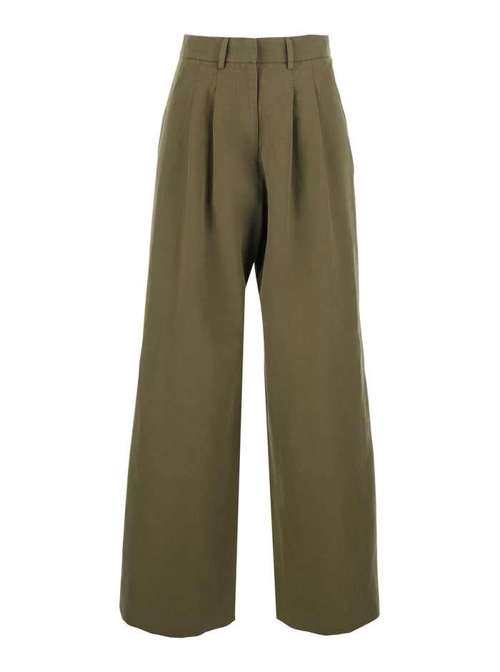 Green Wide-Leg Pants With Front Pleats In Cotton And Linen Blend For Women Trousers