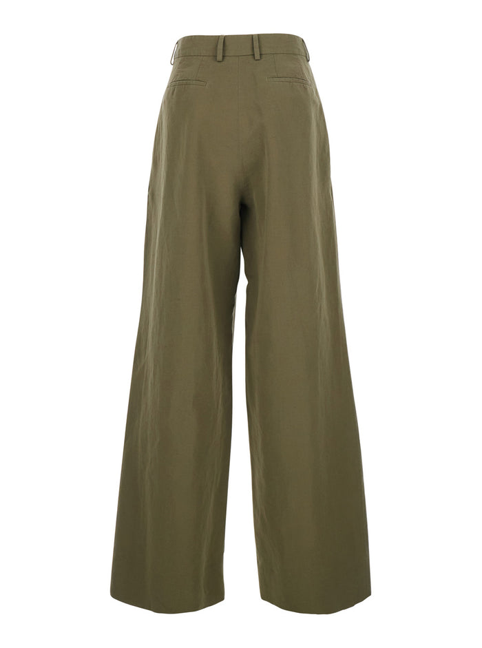 Green Wide-Leg Pants With Front Pleats In Cotton And Linen Blend For Women Trousers