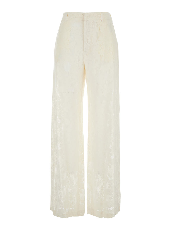 Lorenza Pants with Belt Loops and All-Over Lace Embroidery in White Cotton Blend for Women Polyamide Trousers