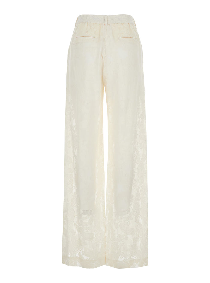 Lorenza Pants with Belt Loops and All-Over Lace Embroidery in White Cotton Blend for Women Polyamide Trousers