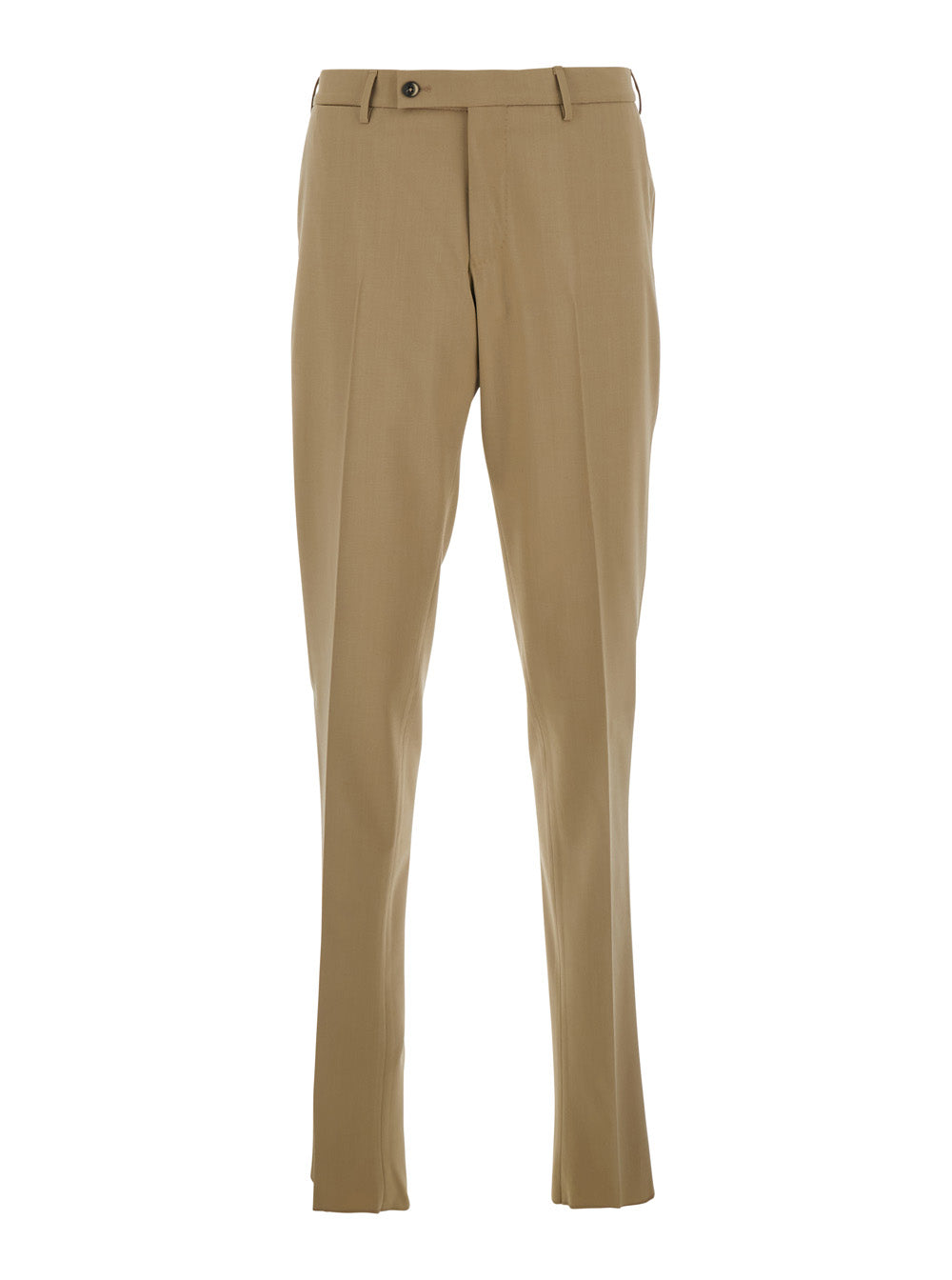 Beige Wool Slim Pants with Belt Loops and Back Welt Pockets for Men Virgin Elastane Trousers
