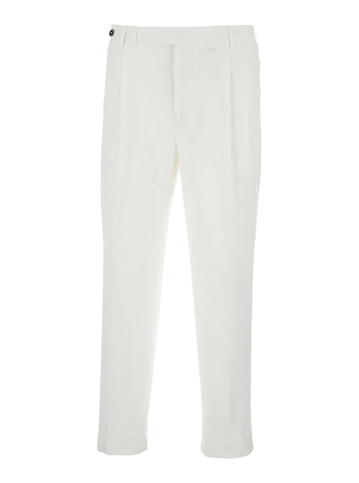 White Pants with Belt Loops and Front Pleats for Men Cotton Elastane Trousers