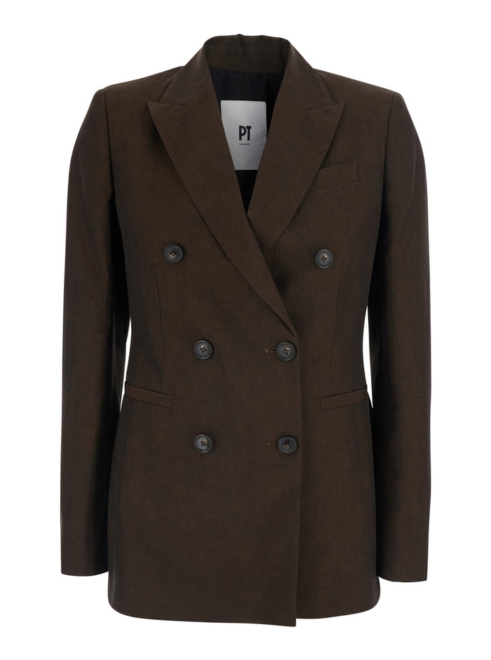 ROMY LINEN AND COTTON FINE PLAIN WEAVE Brown Light Jacket with Front Closure Side Pockets in Blend for Men Blazers