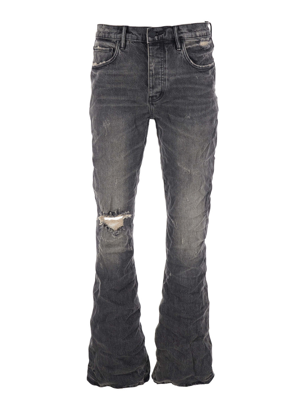 Flared Jeans with Crumpled Effect in Black Denim for Men Grey Cotton Elastane