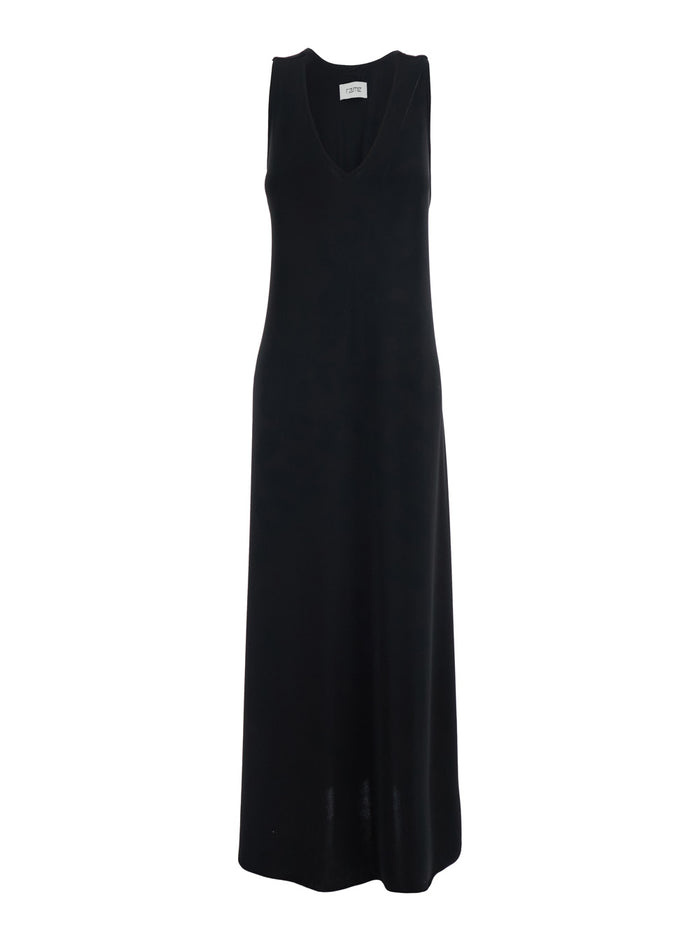 Long Black Dress With V-Neck And Sleeves Polyester For Women Spandex