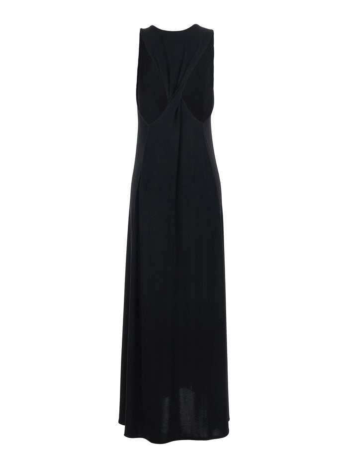 Long Black Dress With V-Neck And Sleeves Polyester For Women Spandex