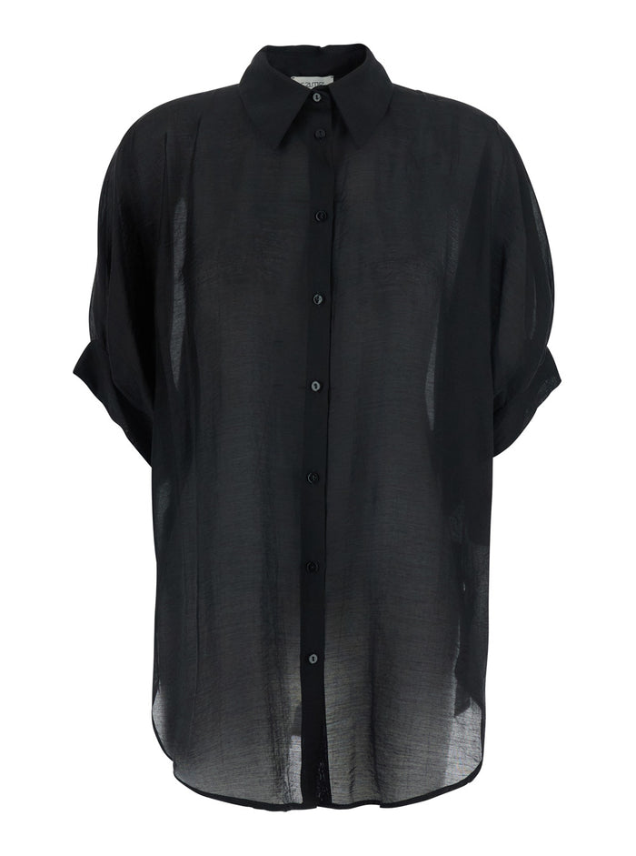 Black Shirt With Long Sleeves And Classic Collar Lycra Nylon For Women Blouses