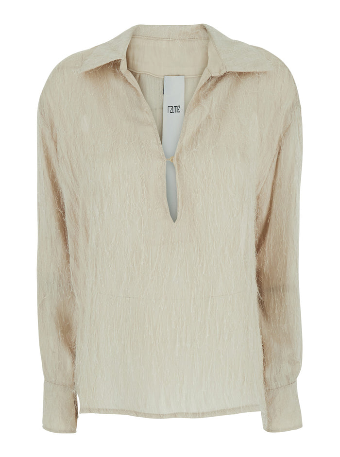 Shirt Beige With Classic Collar And Long Sleeves Polyester For Women Blouses