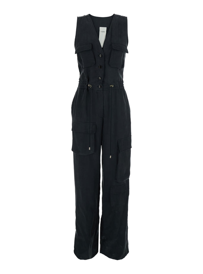 Black Jumpsuit With V-Neck And Long Sleeves Cupro Viscose For Women Jumpsuits
