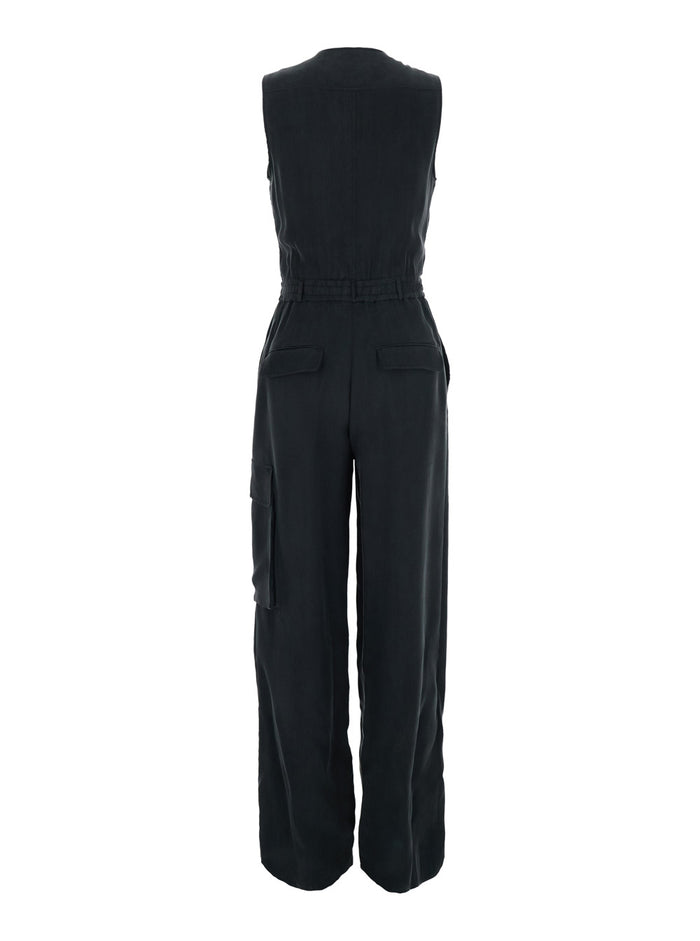 Black Jumpsuit With V-Neck And Long Sleeves Cupro Viscose For Women Jumpsuits