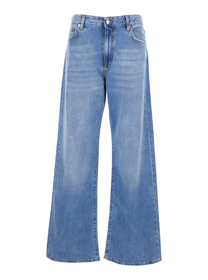High-Waisted Jeans with Five Pockets in Blue Denim Blu