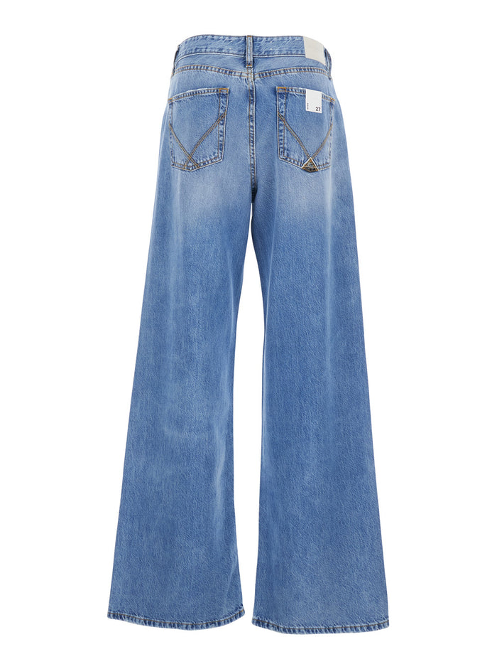 High-Waisted Jeans with Five Pockets in Blue Denim Blu