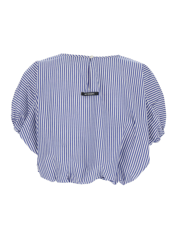 Shirt SH) Puff Navy Blue-Off White with Balloon Sleeves in Popeline Women Blu And Blouses