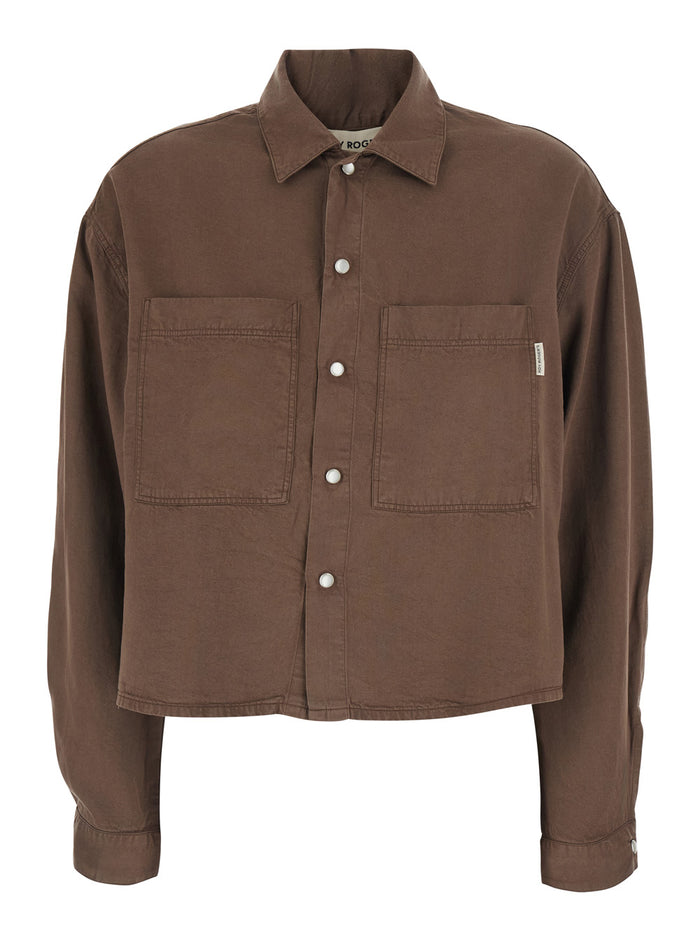 Brown Fatigue Shirt With Classic Collar And Long Sleeves Tencell For Women Blouses