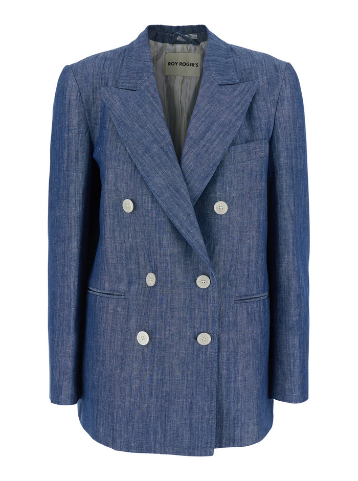 Cs) Double-Breasted Jacket Woman Chambray Cotton Linen Rinse Indigo Blu Blazers