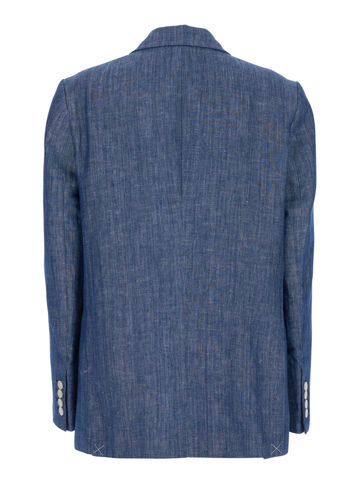 Cs) Double-Breasted Jacket Woman Chambray Cotton Linen Rinse Indigo Blu Blazers