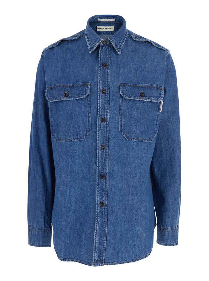 Military Shirt R.R.EVA HERZIGOVA Blue with Classic Collar and Long Sleeves in Cotton for Women Blu Blouses