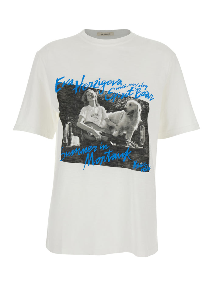 T-shirt Montauk R.R.EVA HERZIGOVA with Round Neck in White Cotton for Women Tshirts And Polo Shirts