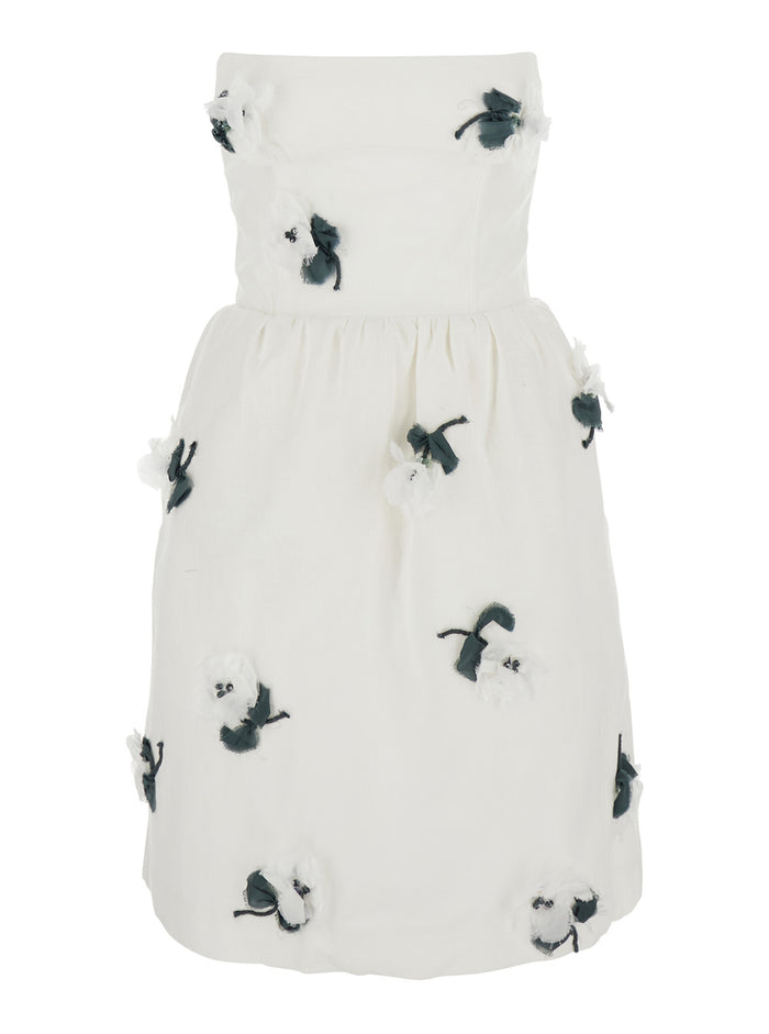 White Linen Strapless Floral Appliqué Dress For Women