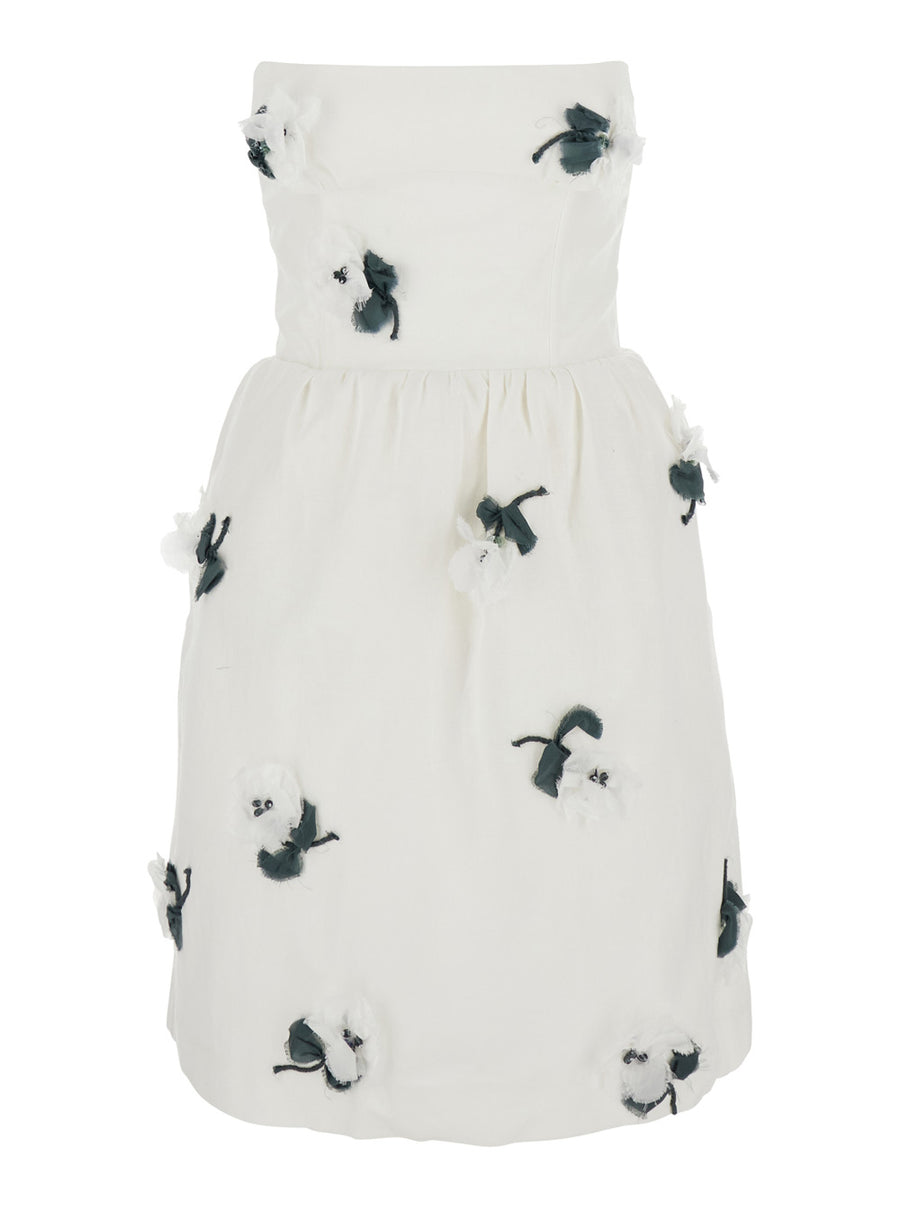 Strapless Linen Dress With Floral Appliqué White