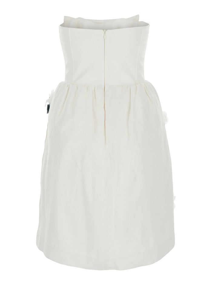 White Linen Strapless Floral Appliqué Dress For Women