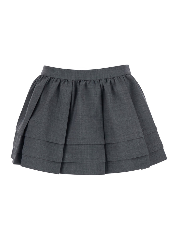 Gray Tuck Detail Pleated Skirt with Pleats and Stripe Details in Wool Polyester for Women Grey