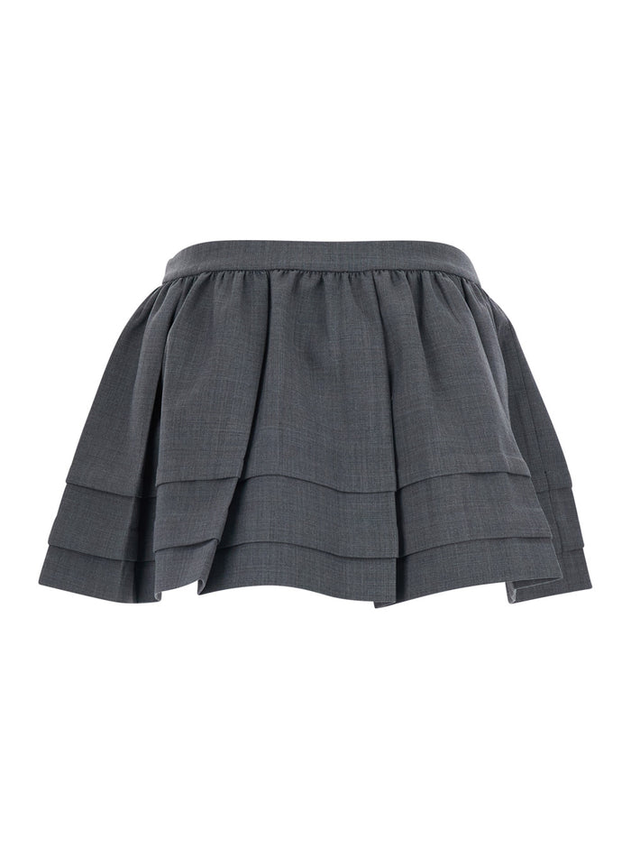 Gray Tuck Detail Pleated Skirt with Pleats and Stripe Details in Wool Polyester for Women Grey