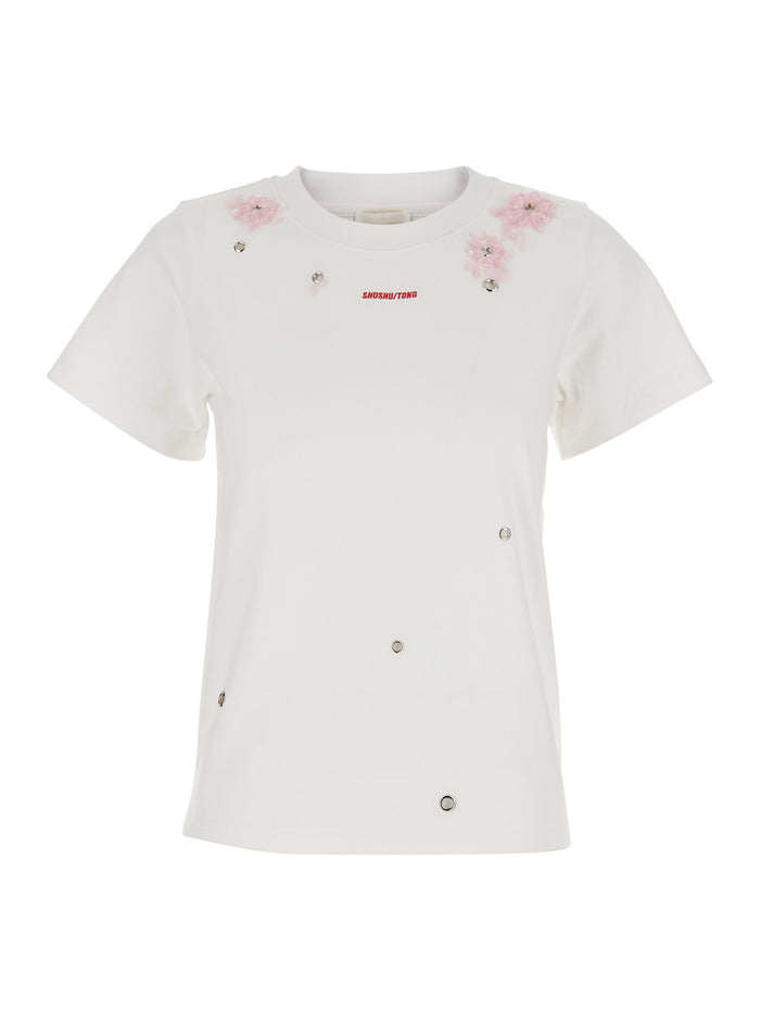 Grommet Embroidered Floral Tee - White T-Shirt with embroidery and metal details Cotton Women Tshirts Polo Shirts