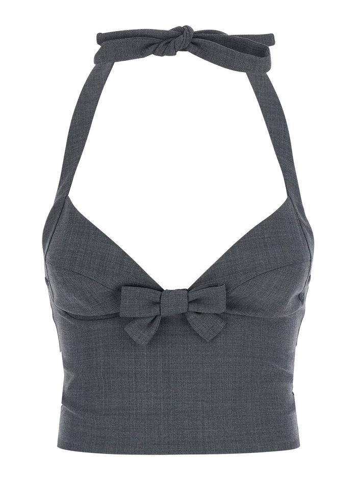 Halter Bow Tie Cami Top Gray Grey Wool Polyester Tops