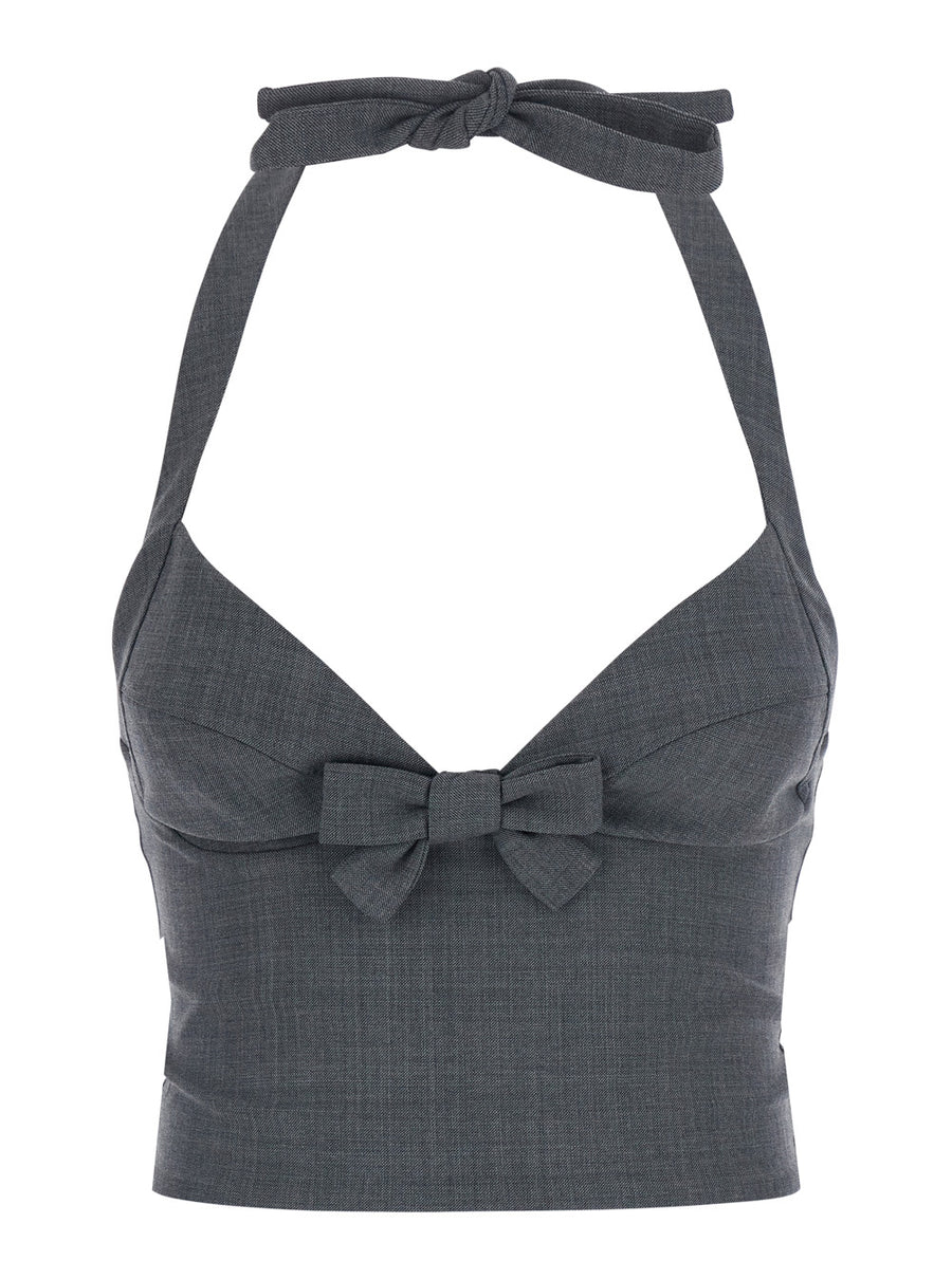 Cami Top Halter Bow Tie Grey Wool Tops
