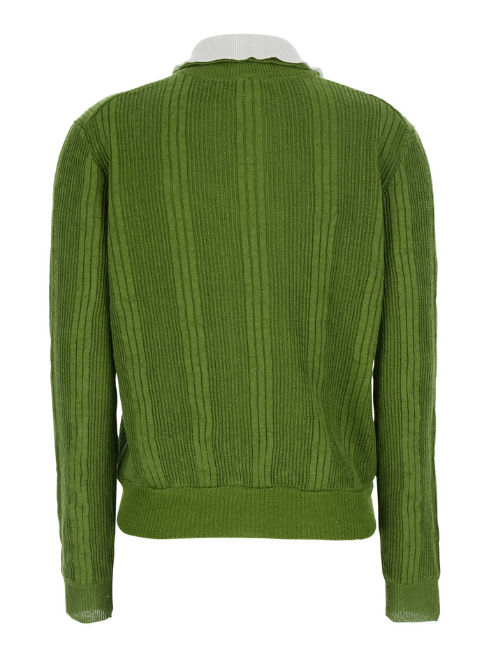 Contrast Collar Knit Pullover Green Linen Jersey