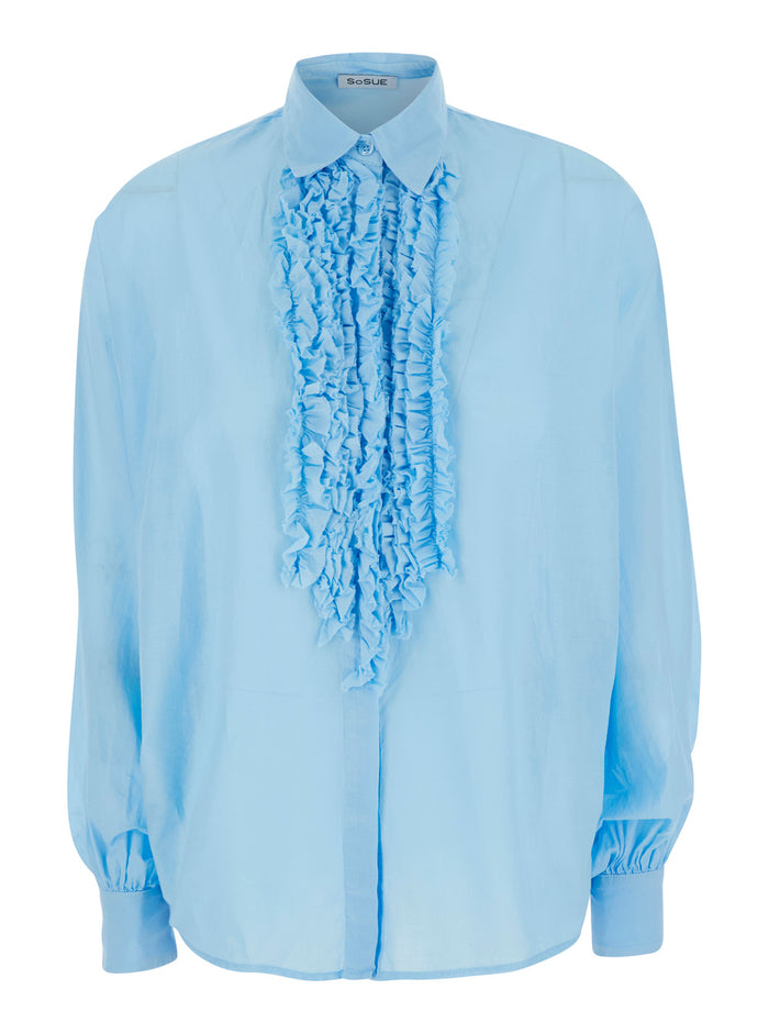 Blue Blouse With Ruffles And V-Neck Viscose For Women Light Shirts Blouses