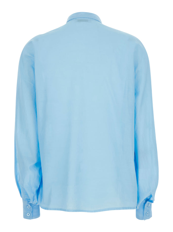 Blue Blouse With Ruffles And V-Neck Viscose For Women Light Shirts Blouses