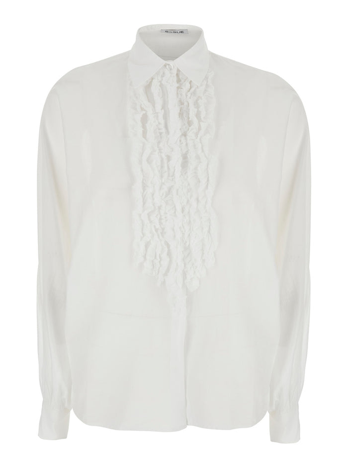 Shirt Antonia Slim Ruffle White With Ruffles On The Front Cotton For Women And Blouses