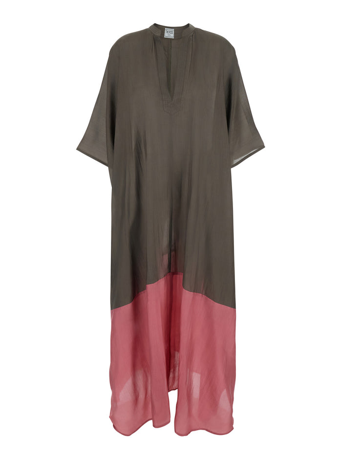 Kaftan Two Tone Tunic With Short Sleeves Tech Fabric Brown Women Beachwear
